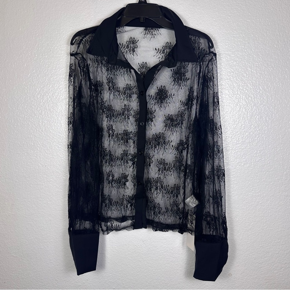 Sheer Black Lace Button-Down Shirt